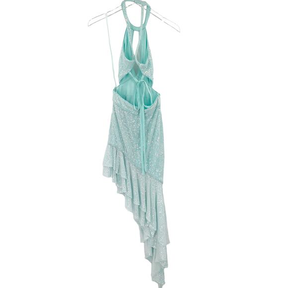 MAC DUGGAL Dress Size 0 Evening Gown Sequin Aqua NEW High Low Ruffle Cut Out - Picture 7 of 9